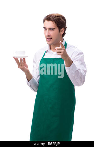 Junge barista auf weißem Hintergrund Stockfoto