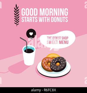 Perfektes Frühstück Donuts/Hintergrund moderne Wohnung isometrische Design Vector Illustration Stock Vektor