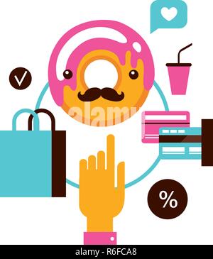 Donut Kaffee online shopping Infografik Flachbild 3d-isometrische Design Vector Illustration Stock Vektor
