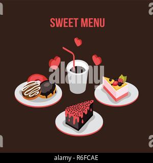 Köstliches dessert Poster Donut Kuchen Kaffee Hintergrund Essen isometrische Stil Vector Illustration Stock Vektor