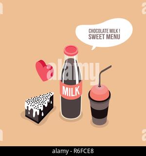 Leckeres Essen set Schokolade Milch Flasche Glas und Kuchen süßes Dessert Menü Vector Illustration Stock Vektor