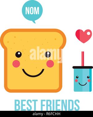 Cute Toastbrot lustig Cartoon Charakter und Getränk perfektes Frühstück Vector Illustration Stock Vektor