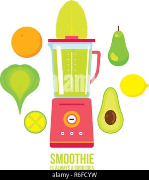 Mixer mit Avocado Pear Orange und Grüne gesunden Smoothie Vector Illustration Stock Vektor