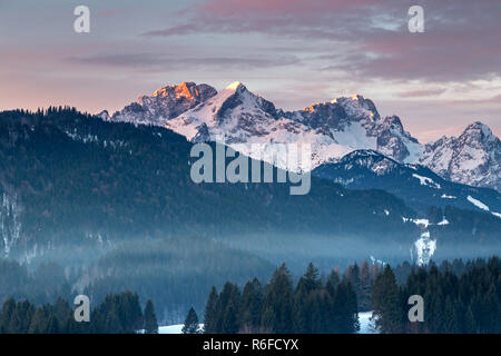 Alpenglühen im Wettersteingebirge mit Zugspitze im Winter Stockfoto