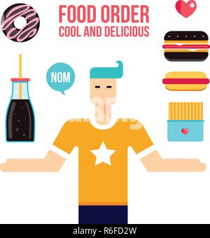 Junger Mann und Fast food Icons Set Vector Illustration Stock Vektor