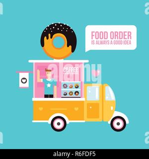 Essen Lkw Café Leckere süße Krapfen Fast food banner Vector Illustration Stock Vektor