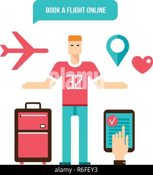 Junger Mann für den Urlaub Flug buchen design elemente Vektor-illustration bereit Stock Vektor