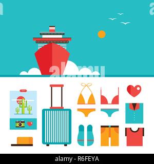 Kreuzfahrtschiff Yacht Hintergrund und Sommerurlaub design elemente Set Vector Illustration Stock Vektor