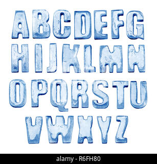 Eis Alphabet. Auf weiß isoliert. Echte Fotos von gefrorenen Buchstaben. Stockfoto