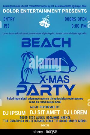 Christmas Party am Strand Poster oder Flyer Vorlage mit Palm und santas Hut auf Seashore verschwommenen Hintergrund. Vector Illustration. Stock Vektor