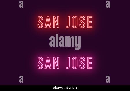 Neon Name der Stadt San Jose in den USA. Vektor Text von San Jose, Neon Beschriftung mit Hintergrundbeleuchtung in dünnen Stil, rot und rosa Farben. Isolierte glühende Titel Stock Vektor