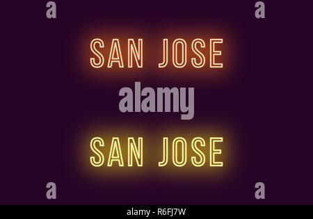 Neon Name der Stadt San Jose in den USA. Vektor Text von San Jose, Neon Beschriftung mit Hintergrundbeleuchtung in dünnen Stil, orangen und gelben Farben. Glühende isoliert Stock Vektor