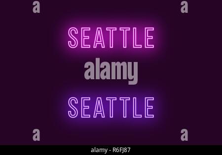 Neon Name des Seattle City in den USA. Vektor Text von Seattle, Neon Beschriftung mit Hintergrundbeleuchtung in dünnen Stil, Lila und violetten Farben. Isolierte glühende Ti Stock Vektor