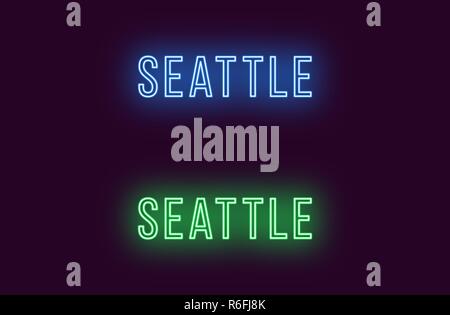 Neon Name des Seattle City in den USA. Vektor Text von Seattle, Neon Beschriftung mit Hintergrundbeleuchtung in dünnen, blauen und grünen Farben. Isolierte glühende Titel Stock Vektor