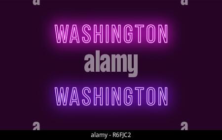 Neon Name von Washington City in den USA. Vektor Text von Washington, Neon Beschriftung mit Hintergrundbeleuchtung in dünnen Stil, Lila und violetten Farben. Isolierte Leuchten Stock Vektor