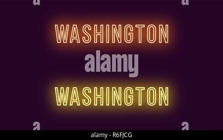 Neon Name von Washington City in den USA. Vektor Text von Washington, Neon Beschriftung mit Hintergrundbeleuchtung in dünnen Stil, orangen und gelben Farben. Isolierte Leuchten Stock Vektor