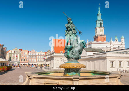 Rathaus und Neptun Brunnen auf dem Marktplatz in Poznan, Polen Stockfoto