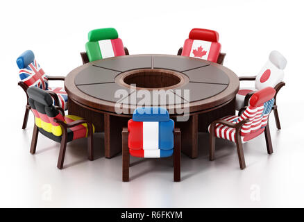 G7 Flags um Runden Tisch. 3D-Darstellung. Stockfoto