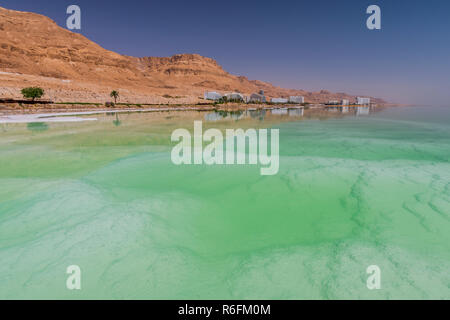 Toten Meer Küste mit weißen Salz und Berge in Ein Bokek, Israel Stockfoto