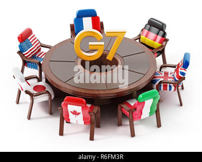 G7 Flags um Runden Tisch. 3D-Darstellung. Stockfoto