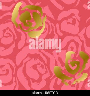 Abstrakte Rosen rosa und gold Hintergrund. Blume nahtlose Muster. Vector Illustration Stock Vektor