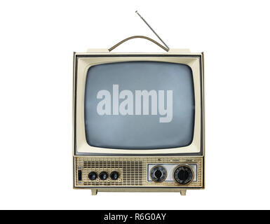 Grunge vintage tragbare Fernseher auf Weiß mit ausgeschaltetem Bildschirm isoliert. Stockfoto