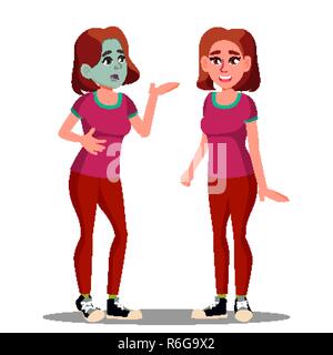 Sick jugendlich Mädchen mit grünem Gesicht, Vor und Nach dem Vektor. Isolierte Cartoon Illustration Stock Vektor