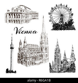 Satz von Wien Symbole Vektor Hand gezeichnet Kugelschreiber Skizze Abbildung. Donauturm, Burgtheater, Rathaus, Prater Stockfoto