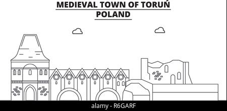 Polen - Torun Reisen das Wahrzeichen der Skyline, Panorama, Vektor. Polen - Torun lineare Abbildung Stock Vektor