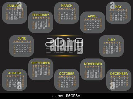 Kalender 2019 Gelb weißen Text Zahl grau auf schwarz Design moderne Vector Illustration. Stock Vektor