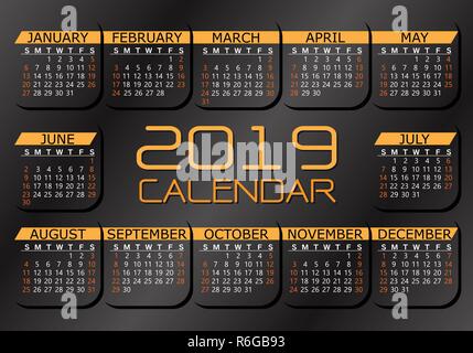 Kalender 2019 Gelb weißer Text auf dunklem Grau Metallic Hintergrund Vector Illustration. Stock Vektor