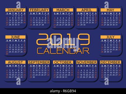 2019 Kalender orange gelb auf dunkelblauem Hintergrund Vector Illustration. Stock Vektor