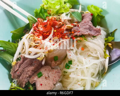 Beef Noodle Soup/Reis Nudeln mit Rindfleisch und Gemüse, Sojasprossen mit getrockneten Chili auf der Oberseite in der Schüssel Suppe-thailändischen und chinesischen Stil Lebensmittel Stockfoto