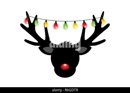 Kopf silhouette Rentier mit der roten Nase und bunte Weihnachtslichter dekoration Vektor-illustration EPS 10. Stock Vektor