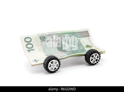 Polnische Geld auf Rädern auf Weiß mit Freistellungspfad isoliert Stockfoto