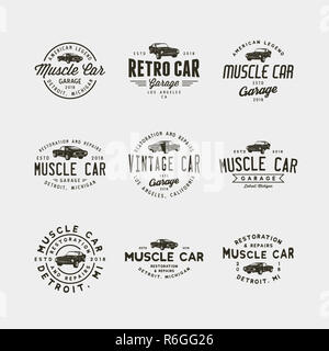 Satz von Vintage Muscle Car Garage Logos. Vector Illustration Stockfoto