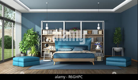 Blue Master Schlafzimmer in eine moderne Villa mit eleganten Doppelbett - 3D-Rendering Stockfoto