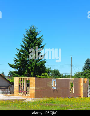 Einfamilienhaus im Bau mit Tannenbaum auf Hinterhof Stockfoto