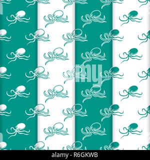 Satz 4 Vector nahtlose Muster mit Kraken. Meer Einwohner. Tiere unter Wasser. Design für die Verpackung, Stoff, marine Hintergrund drucken. Stock Vektor