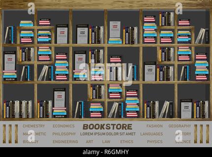 Buchhandlung interior design Vektor. Bücher in den Regalen illustration Dekor. Ausführliche Darstellung Stock Vektor