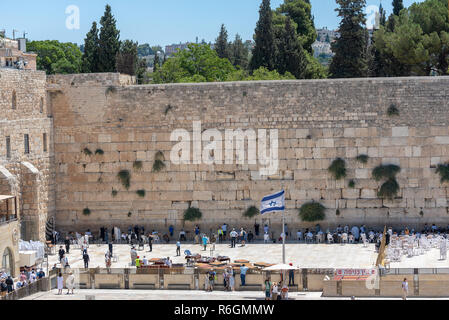 Jüdische orthodoxe Gläubige Lesen der Thora und beten mit Blick auf die Westliche Mauer, in der Altstadt in Jerusalem, Israel. Stockfoto