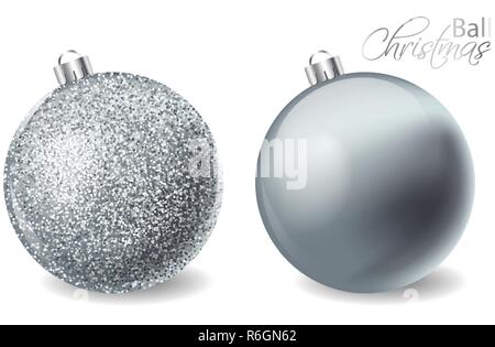 Silber glänzend Glitter Weihnachten Kugeln Vektor realistisch. Frohe Weihnachten Elemente isoliert. Detaillierte 3D-Illustration Dekor Stock Vektor