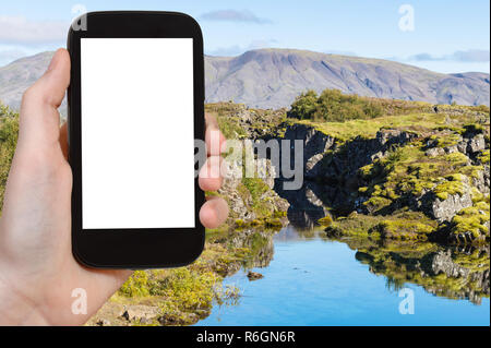 Touristische photographsf Silfra Schlucht im Thingvellir Stockfoto