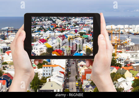 Touristische Fotografien städtischen Häuser in Reykjavik. Stockfoto