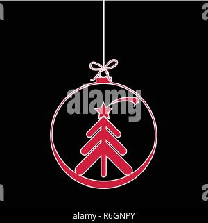 Flache Christmas Ball Silhouette Symbol Design. Vektor Weihnachtskugel mit Baum Abbildung auf schwarzem Hintergrund Stock Vektor