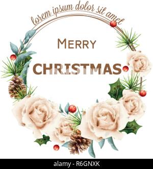 Frohe Weihnachten Kranz mit Aquarell Rosen Vektor. Rosa Weihnachten Dekoration Tannenzweigen details Abbildung Stock Vektor