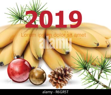 Neues Jahr 2019 Karte mit Bananen Vektor. Aquarell von exotischen Früchten und Winter Dekore Abbildung Stock Vektor