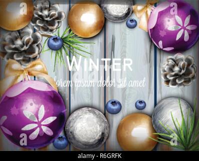 Winter Hintergrund mit niedlichen Dekorationen Vektor aquarell Abbildung. Holz Textur Banner. Urlaub Fieber Stock Vektor