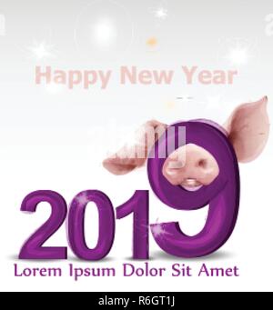 2019 Aquarell Schwein Jahr Karte Vektor. Lustige Schwein Nase. Snowy verschwommenen Hintergrund. Frohes neues Jahr Urlaub Einladung zur Veranstaltung Stock Vektor
