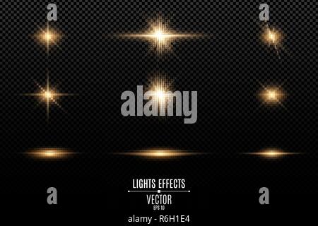 Eingestellt von goldenem Licht Effekte auf einen transparenten Hintergrund. Blinkt und Blicke. Helle Strahlen des Lichts. Leuchtende Linien. Vector Illustration. EPS 10. Stock Vektor